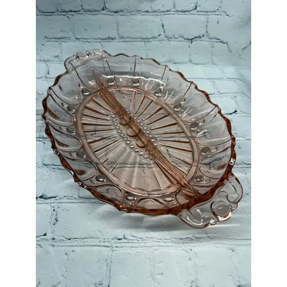 Anchor Hocking Pink Depression Glass Oyster & Pearl Divided Oval Dish & Bowl